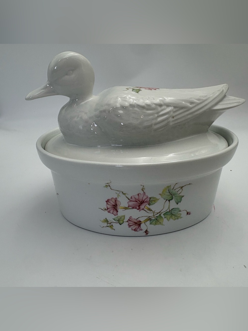 Vintage Duck Covered Casserole with Pink Floral Accents
